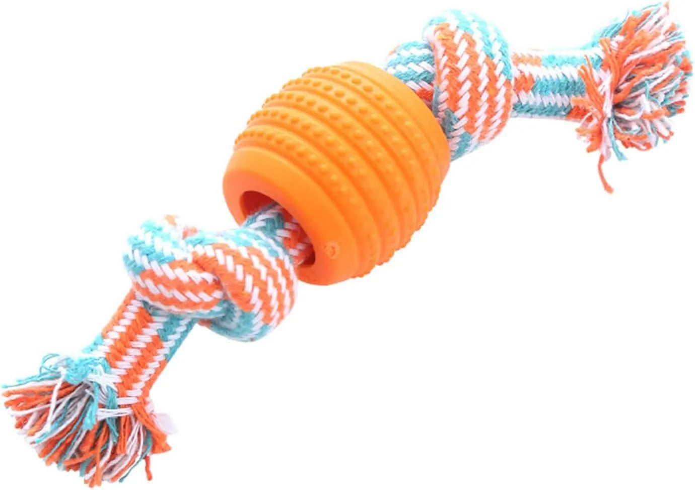 Set of blue and green rope and soft molar chew toys for dogs on a white background.