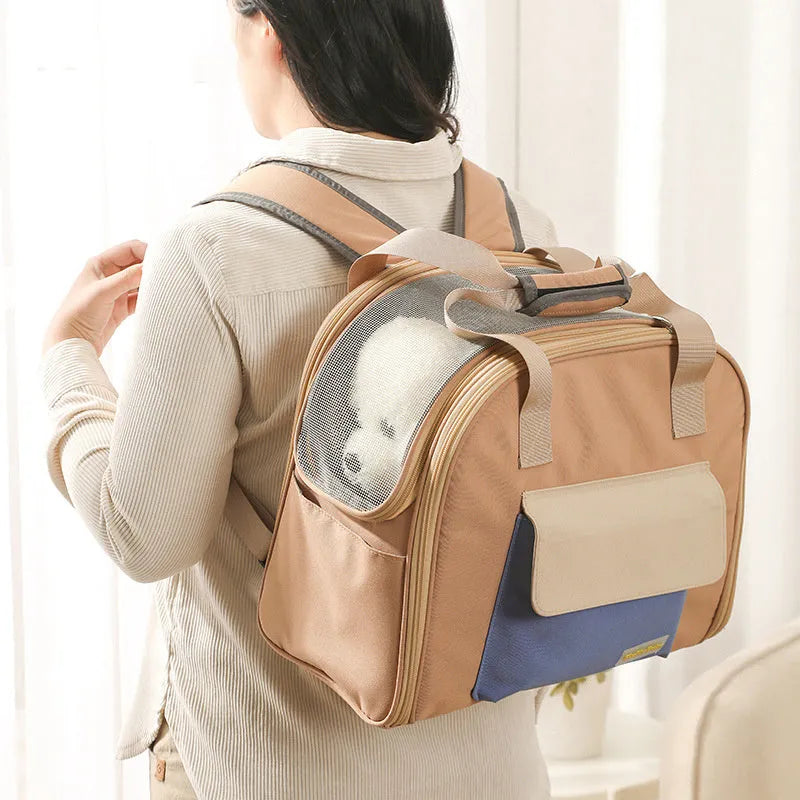 Grey nylon foldable pet travel backpack with pull-rod and 50-60 litre capacity