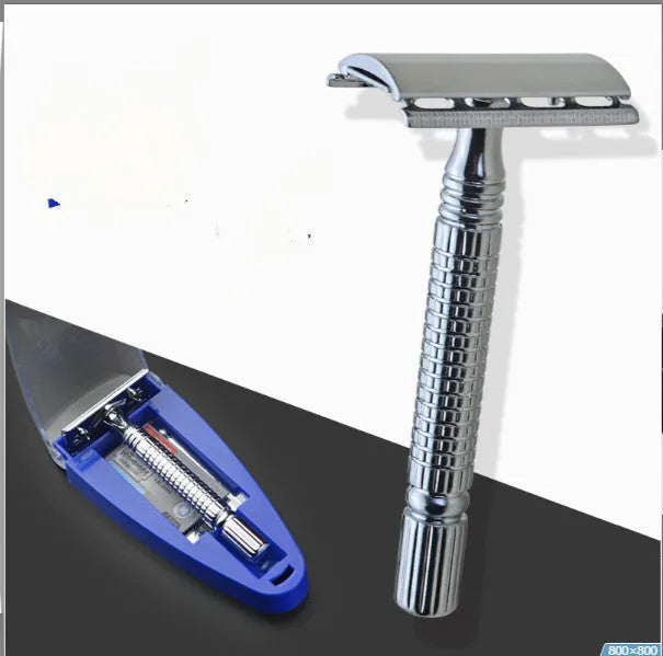 Double edged safety razor shaving kit with storage box and blade