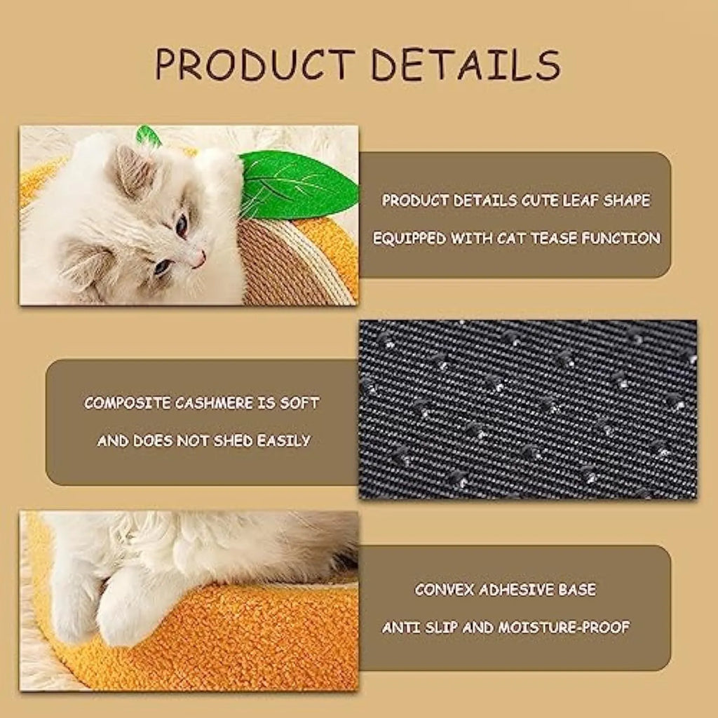 Yellow round fruit-shaped sisal cat scratching board with a shallow centre, shown on a floor.