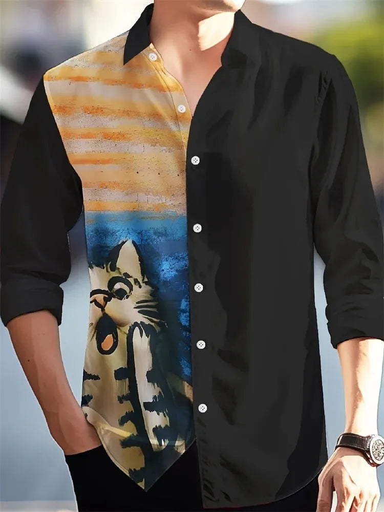 Men's long sleeve Hawaiian shirt with floral pattern in elastic polyester fabric