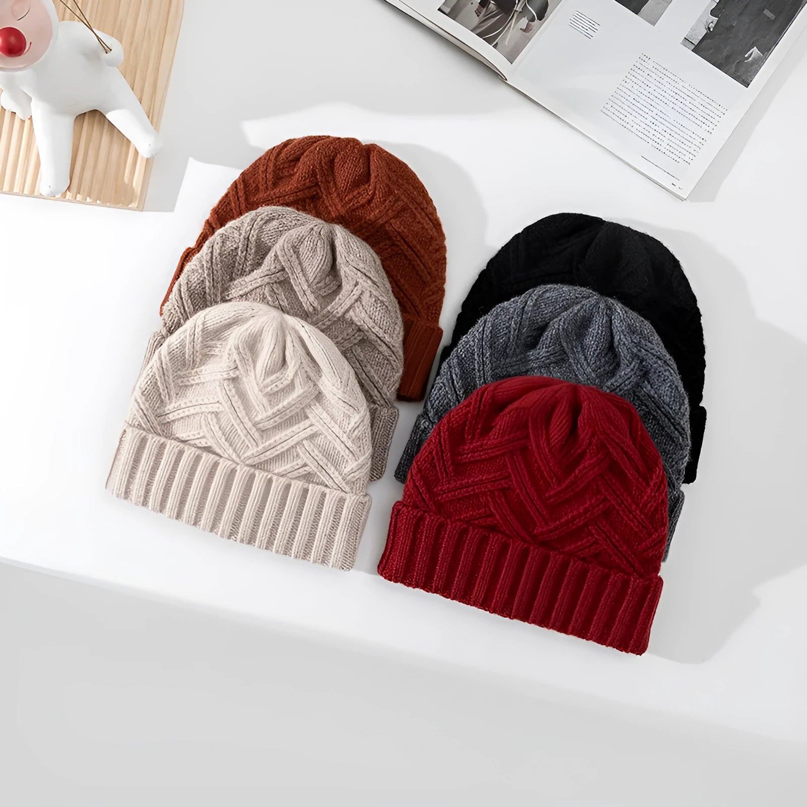 Women's wool knitted dome crown winter hat with a totem pattern, shown in one of six available colours.