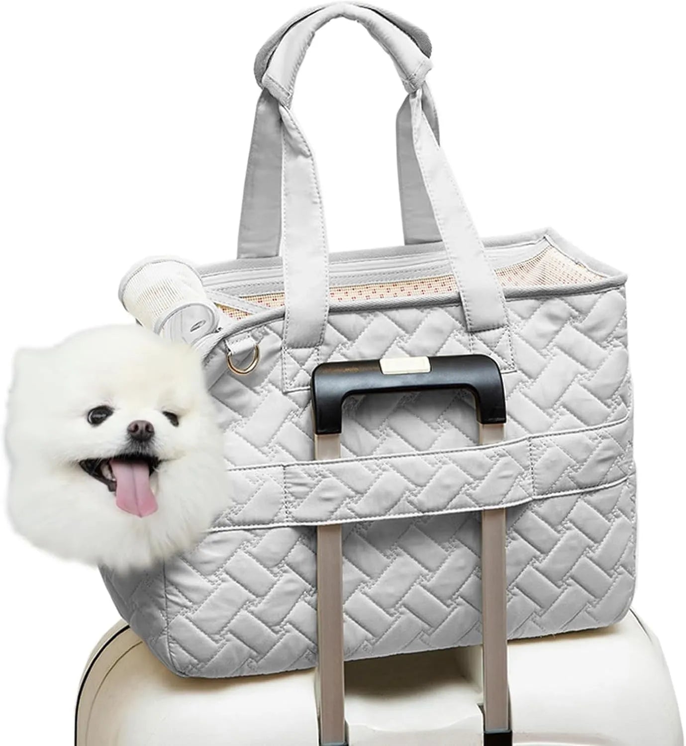 Grey pet carrier handbag with mesh panels and multiple pockets, shown with a small dog inside.