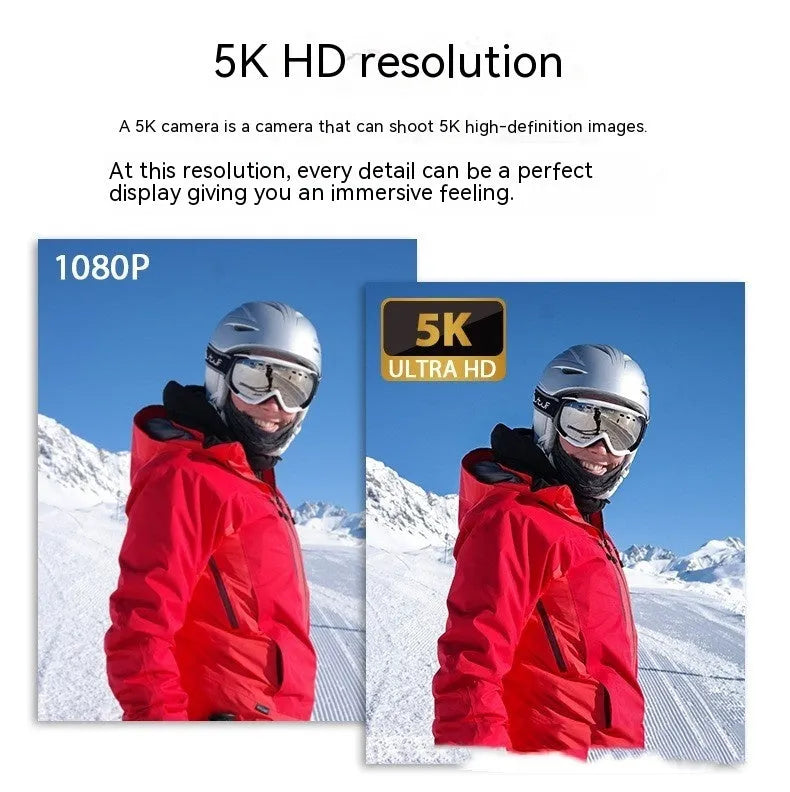 Compact 5K sports camera with wireless microphone and anti-shake technology in black ABS body