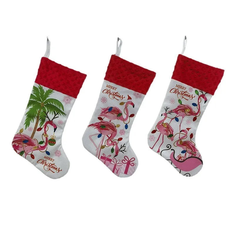 Flamingo cloth Christmas stocking pendant, 46 by 28 cm, in American holiday style.