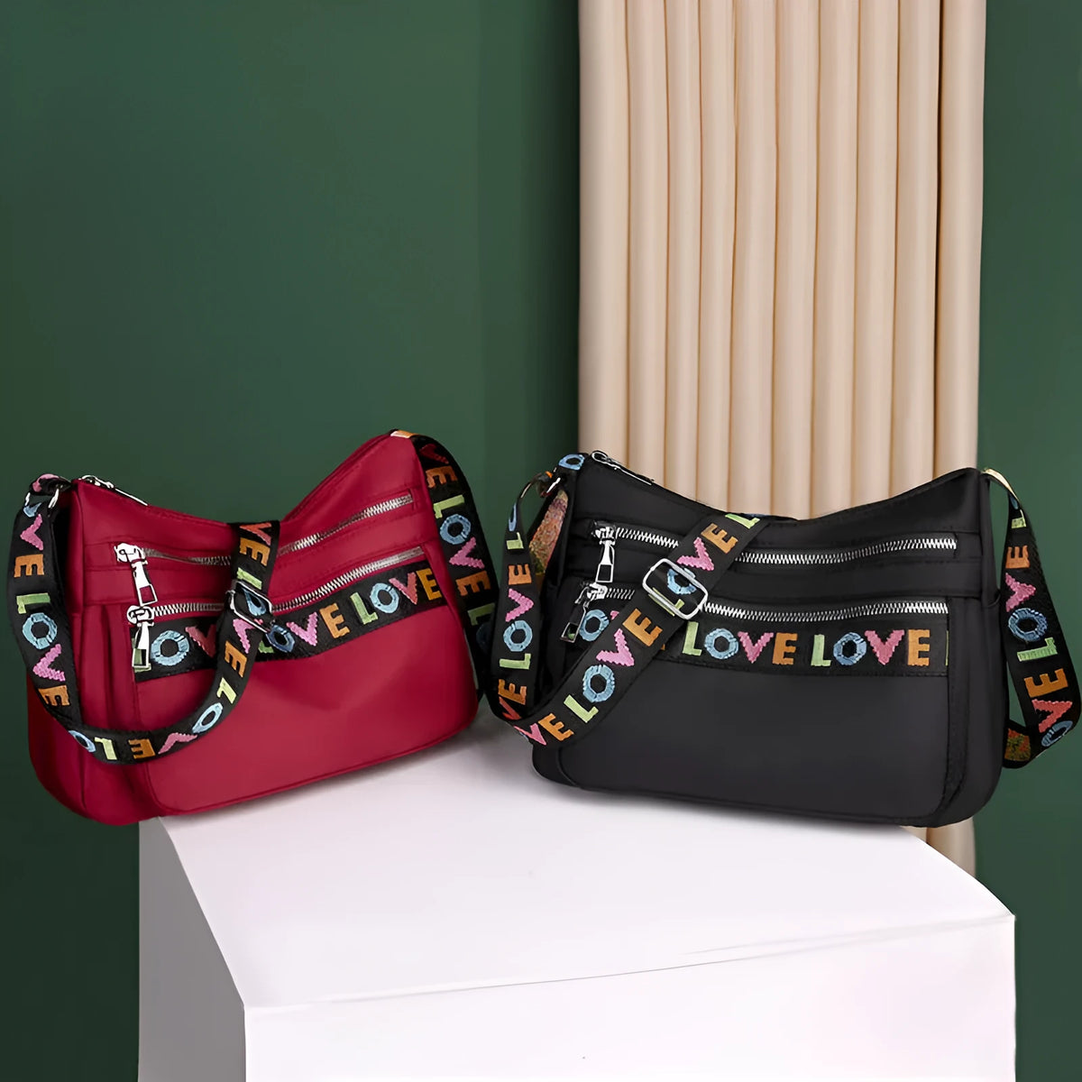 Oxford cloth crossbody shoulder bag in red or black with multi-pocket design, single strap, polyester lining, and letter stitching detail.