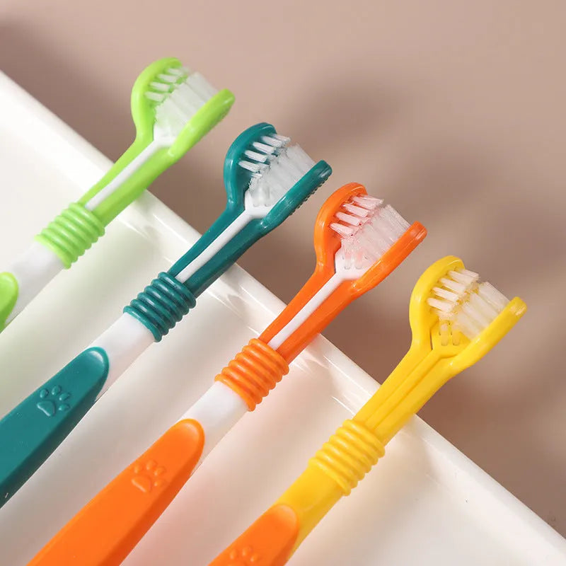 Pet toothbrush in assorted colours including orange, green, yellow, blue pink, and black and yellow.