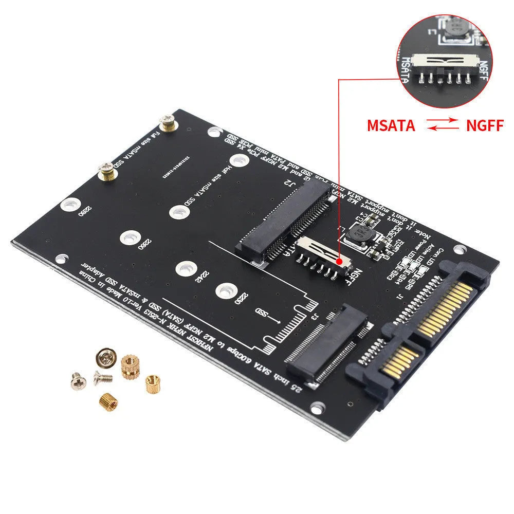 Black and blue SATA3 to M.2 NGFF mSATA SSD adapter conversion card on a static bag.