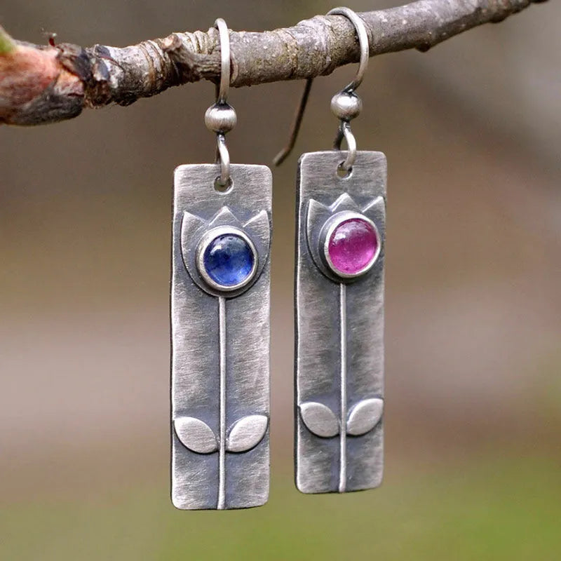 Antique finish red sapphire geometric earrings with ellipse design elements for women