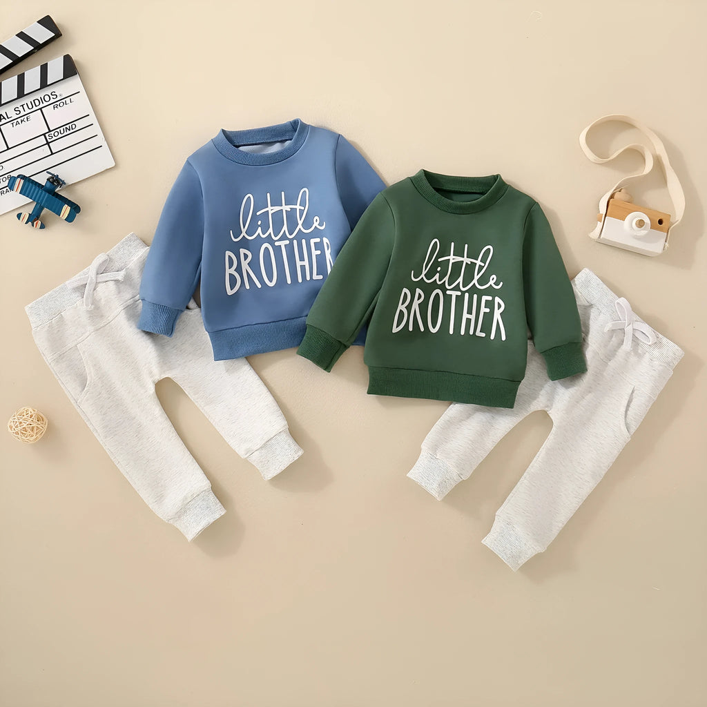 Boys and girls cotton letter sweater suit in dark green with long sleeves and matching pants on a baby