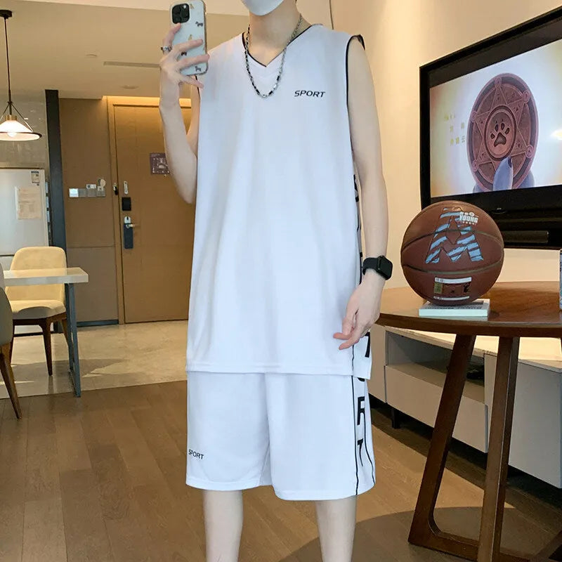 Men's basketball sports set with sleeveless vest and matching shorts in thin polyester fabric