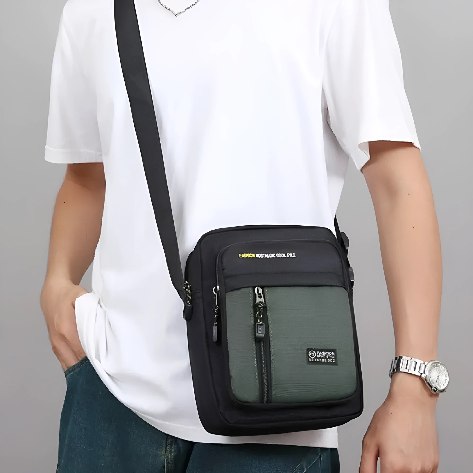 Men's nylon crossbody messenger bag with sewing thread detailing in four colour options