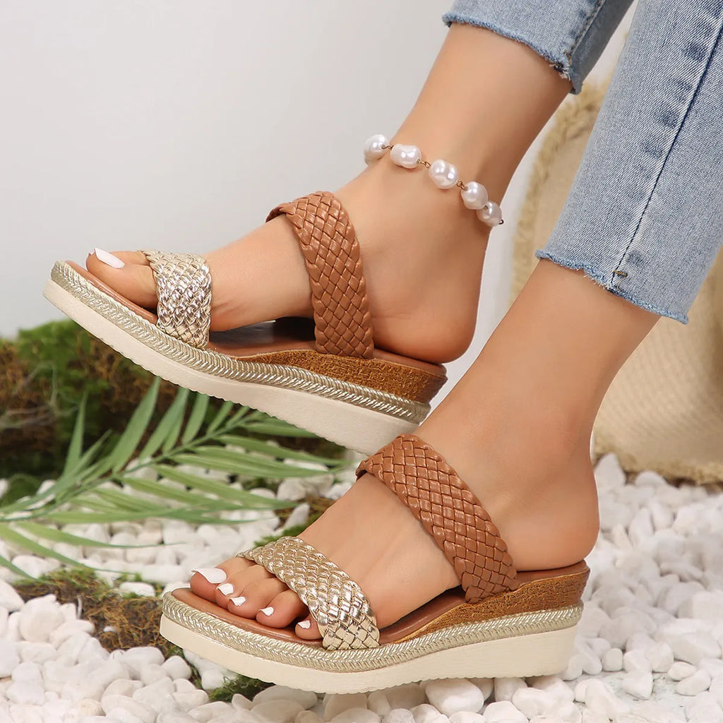 Gold and silver plus size wedge sandals for women in UK sizes 36-43 with PU leather and rubber soles