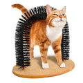 Durable plastic arched cat grooming toy with built-in brush bristles for scratching and rubbing
