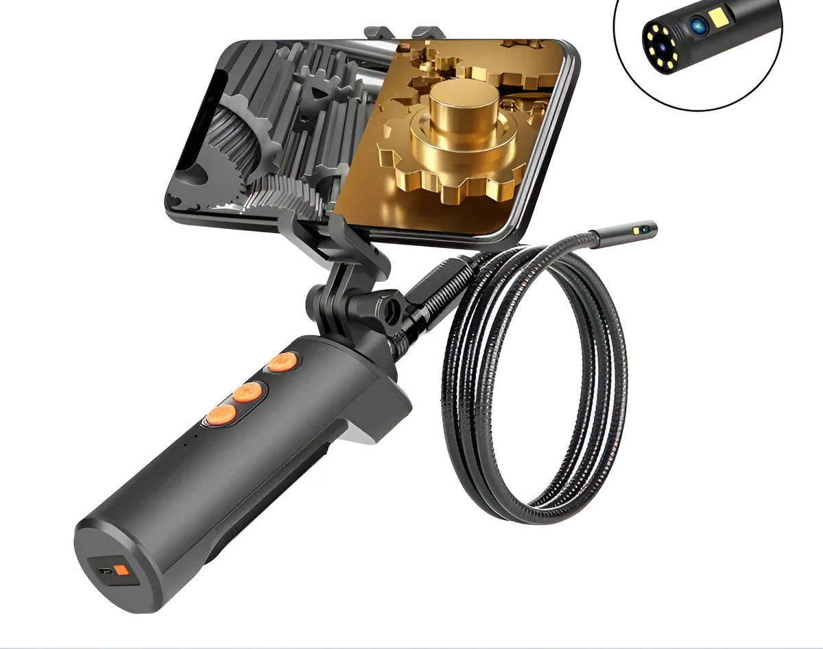 Black dual camera endoscope with IP68 waterproof lens, 9 adjustable LEDs, and 1960x1080 resolution for pipeline inspection.