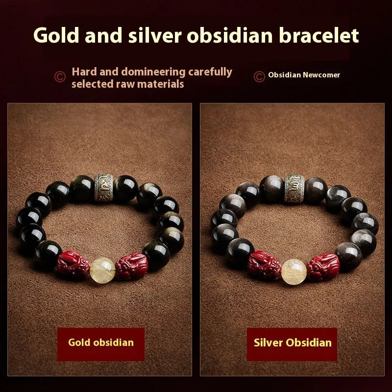 Carved cinnabar beads bracelet with Jinniu bull zodiac design in gold or silver finish
