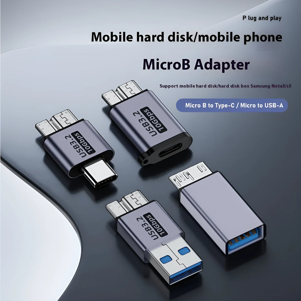 USB converter adapter showing Micro B connector with Type-C and USB interface options for data transfer and charging