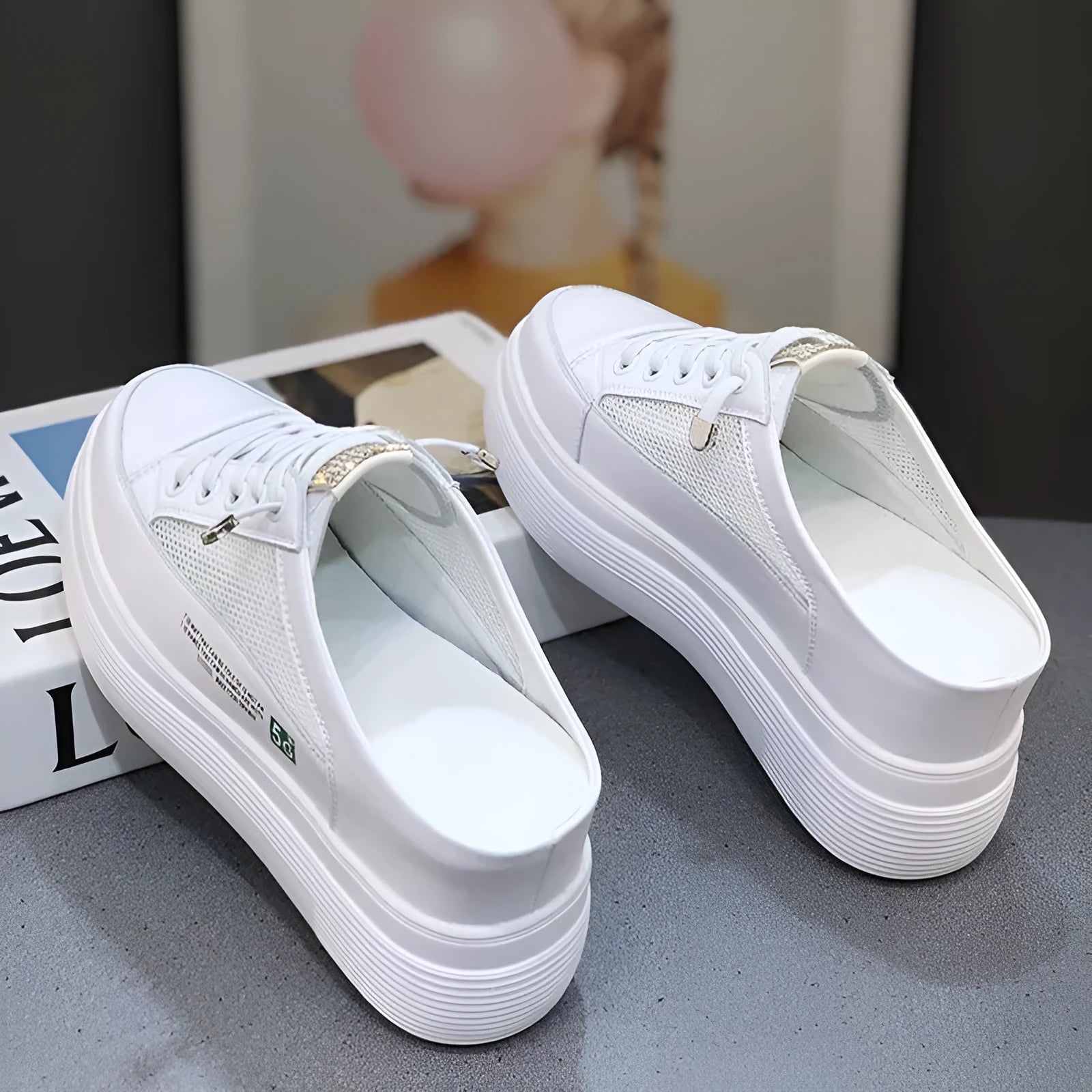 White women's platform sandals with mesh upper and round toe design