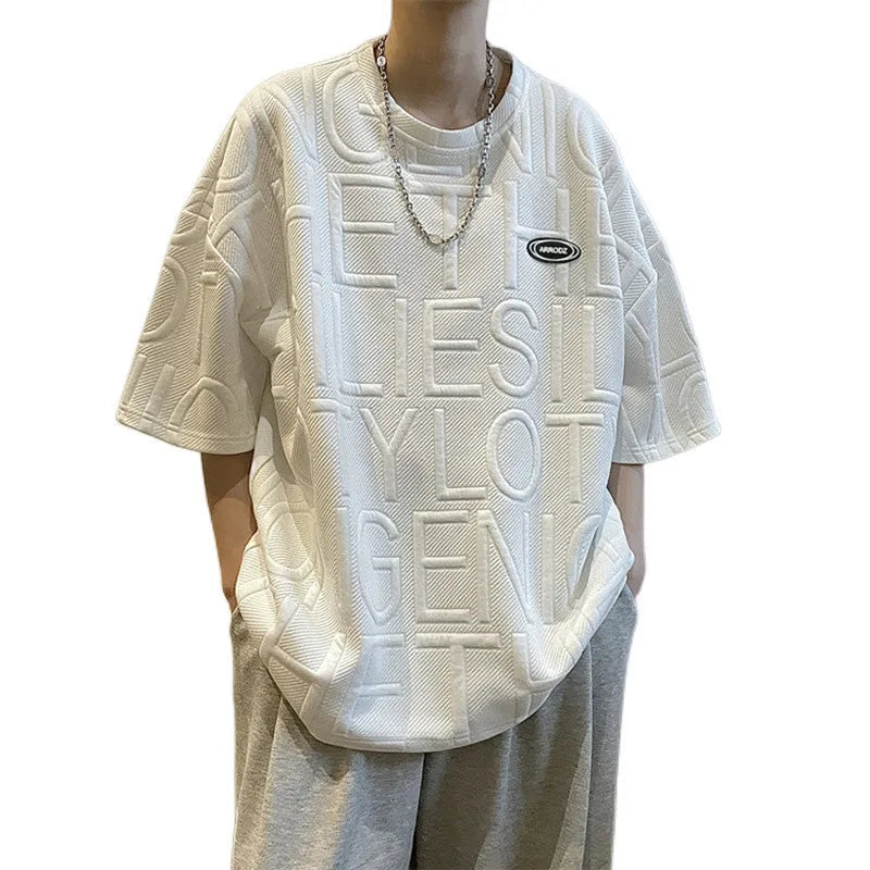 Men's retro loose fit t-shirt with three-dimensional letter graphics in grey colour