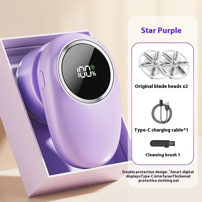 Digital fur ball trimmer with multiple cutter heads in purple or beige colour options