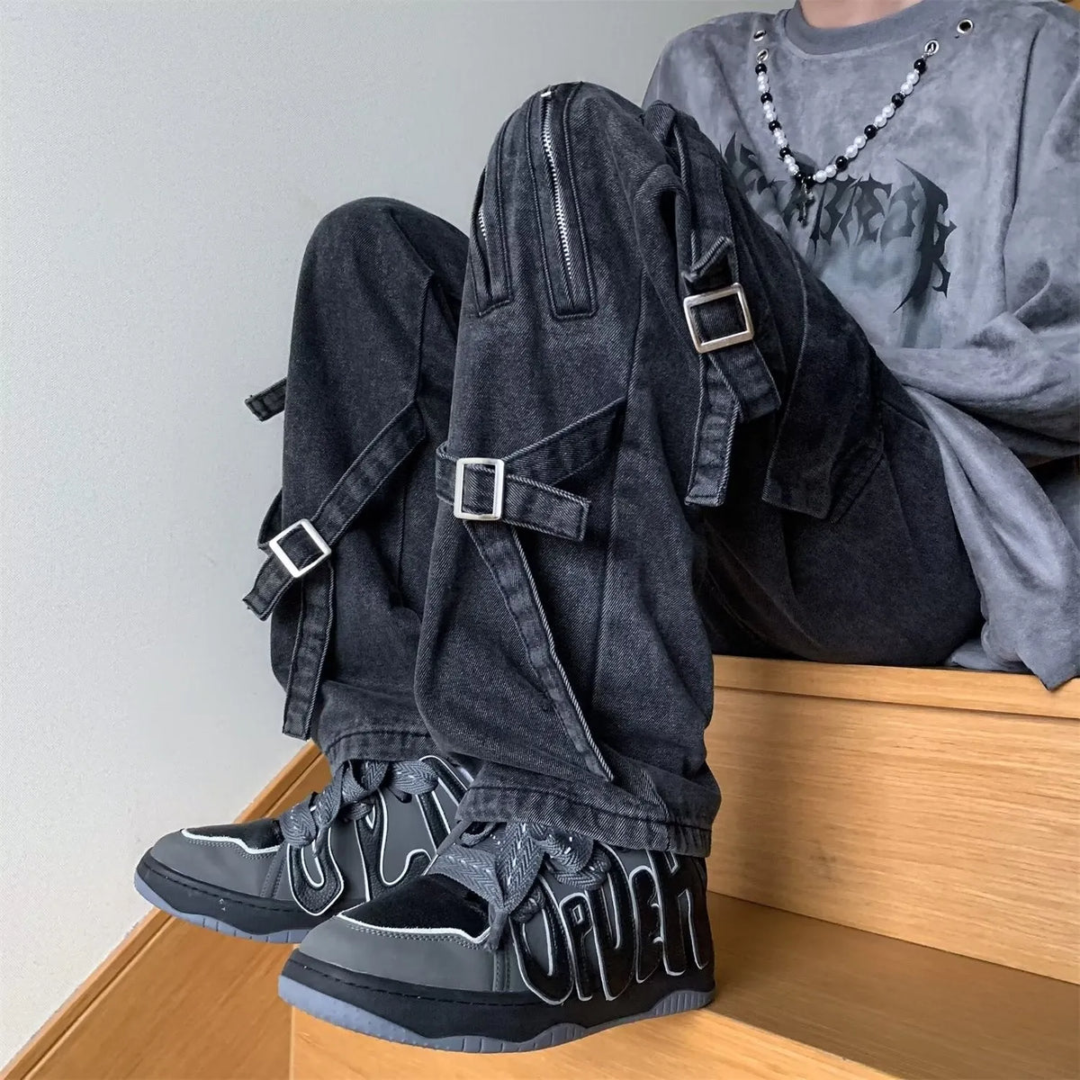 Men's loose-fit black jeans with zip and lace-up front, mid waist and long pant length