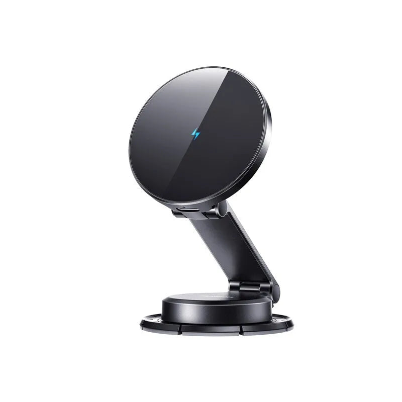 Black zinc alloy wireless charging car phone mount attached to a windscreen