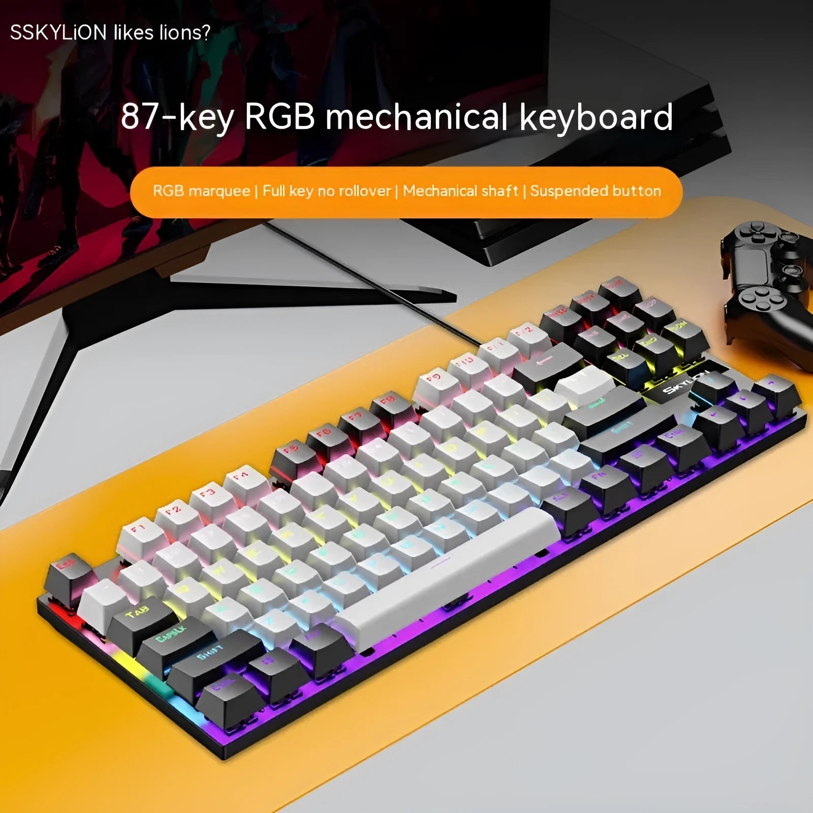 K87 mechanical gaming keyboard with choice of green or red switches in black, white, or coloured options