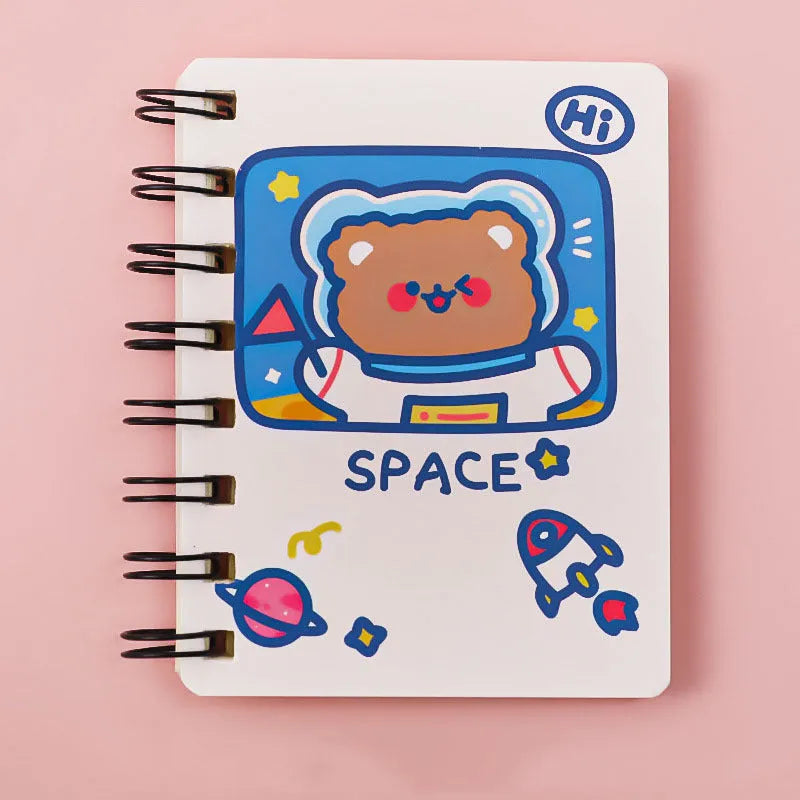 Astronaut-themed portable flipper notebook showing 10.5 by 8 cm size and colourful cover options.