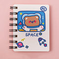 Astronaut-themed portable flipper notebook showing 10.5 by 8 cm size and colourful cover options.