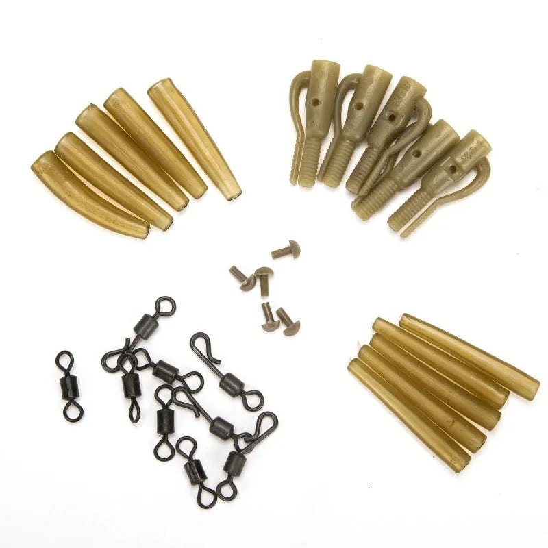 30-piece European carp fishing accessory set with pipes, hoses, rotation pieces, and screws.