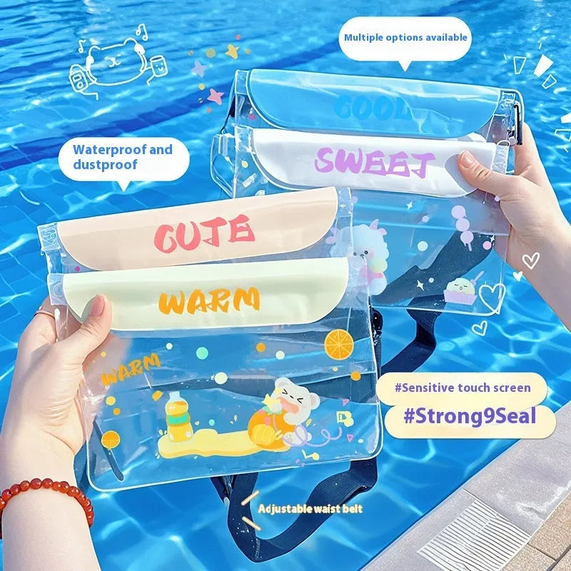 Waterproof mobile phone waist bag with adjustable strap and touch screen, free size PVC, blue kitten cool colour variant
