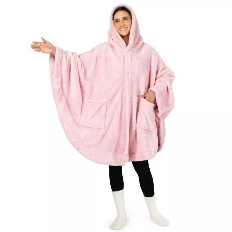 Thick hooded polyester bathrobe in black, shown in a long sleeve cardigan style.
