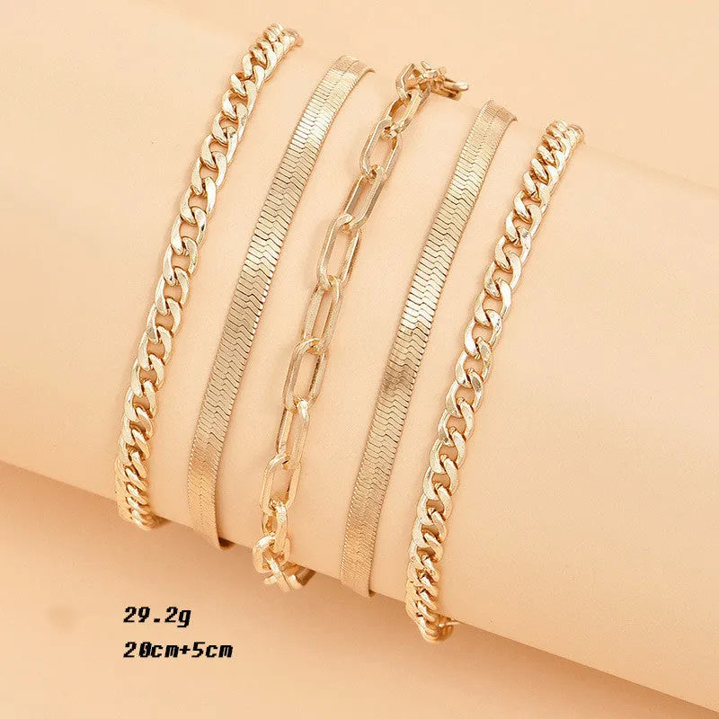 Multi-layer metal chain anklet set for women in gold and silver colours, 5pc set with 22cm chain and 5cm extension