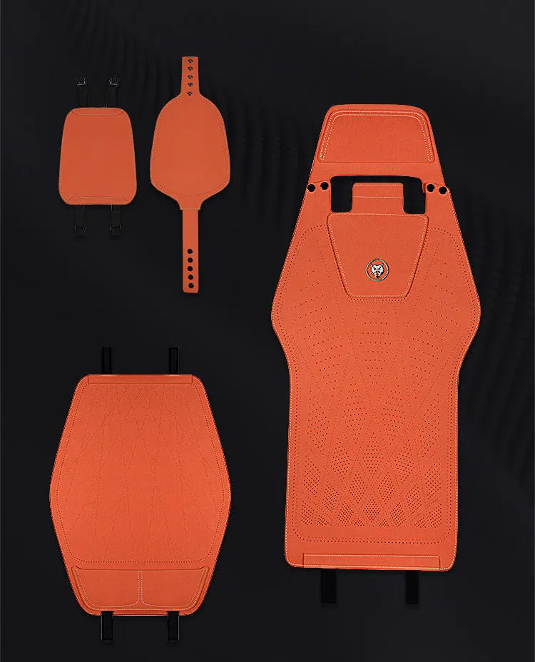 Ultra thin leather car seat cover with gradient drilling holes in Hermes Orange colour on a standard car seat.