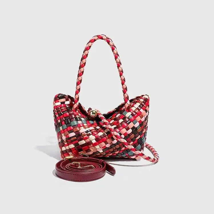 Women's woven PU shoulder bag with handmade design measuring 18x11x14cm