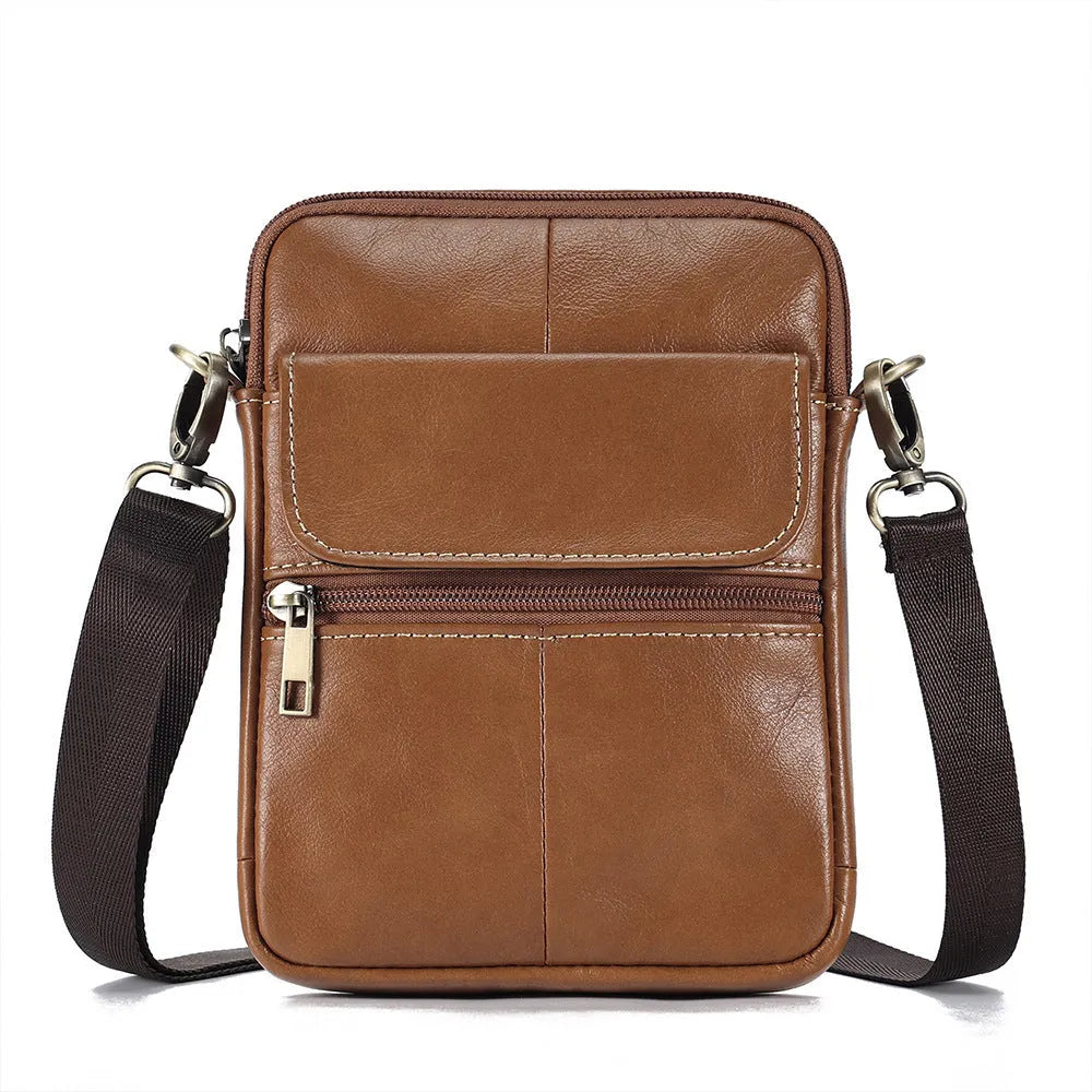 Men's brown genuine leather crossbody shoulder bag with sewing line detailing