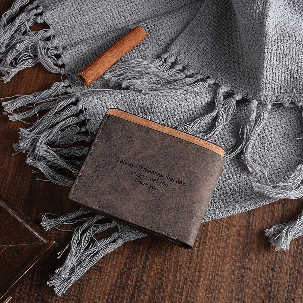 Engraved coffee-coloured PU horizontal wallet showing personalised lettering.