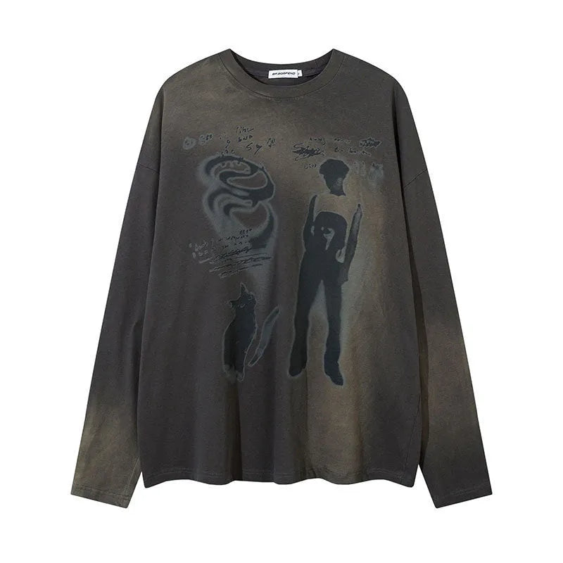 Women's loose long-sleeve cotton pullover top with drop shoulders in dark grey with a letter pattern.