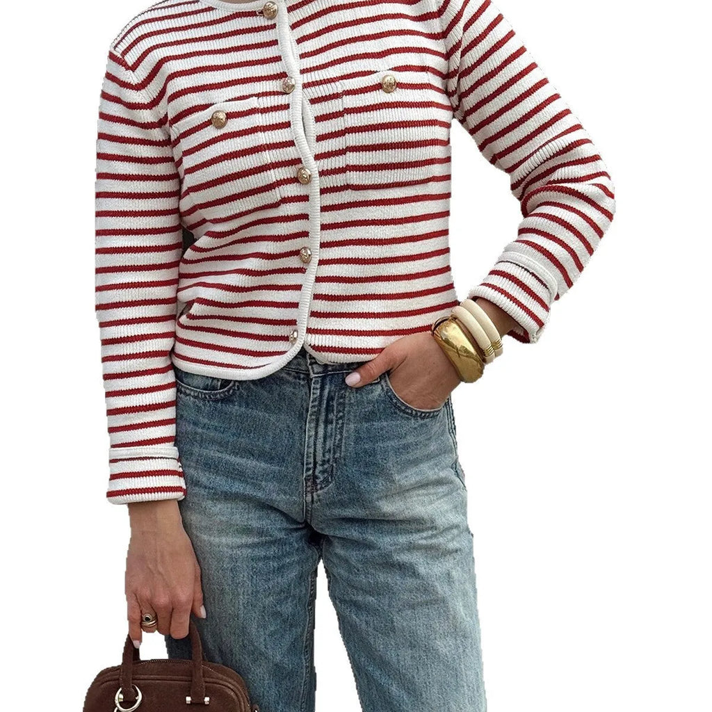 Red and white striped long-sleeve button-down shirt, regular sleeve, casual versatile style, sizes S to XL