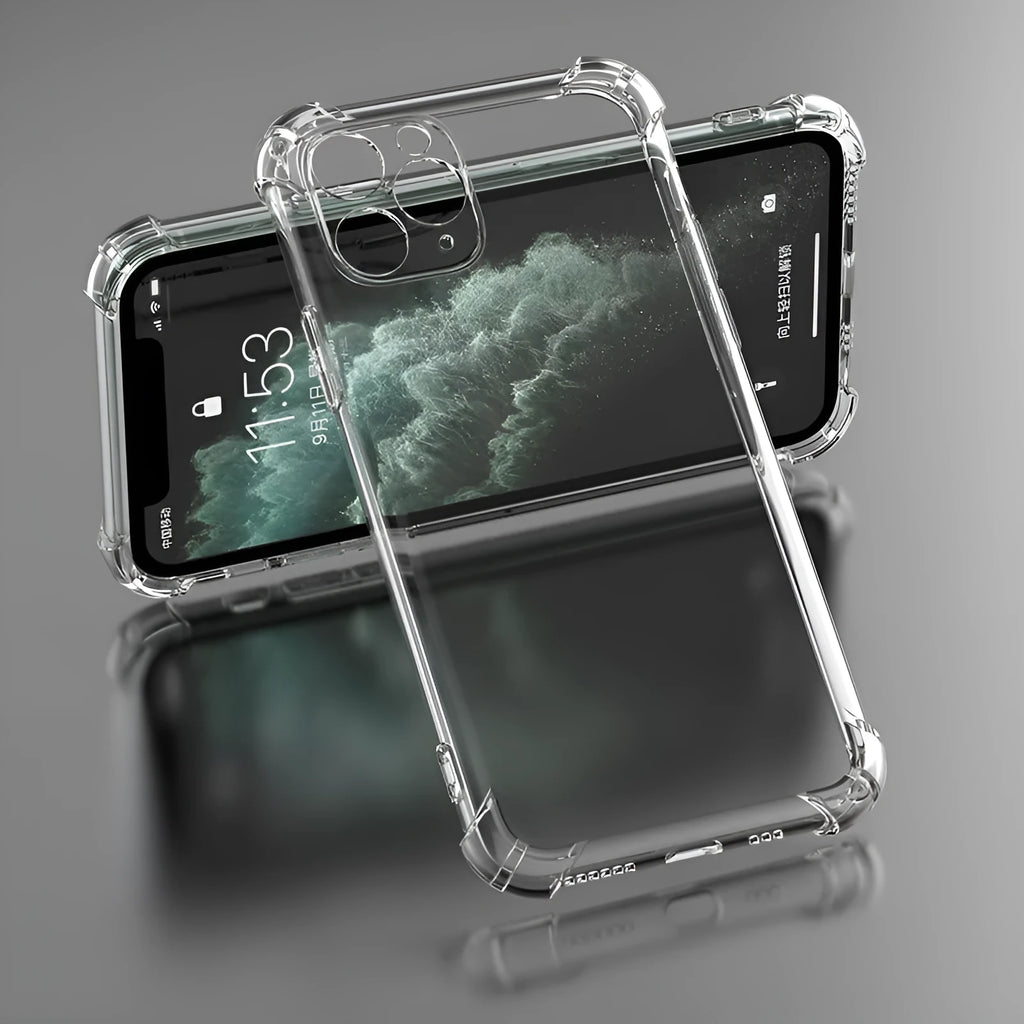 A clear, flexible TPU shockproof phone case designed for various Apple iPhone models.