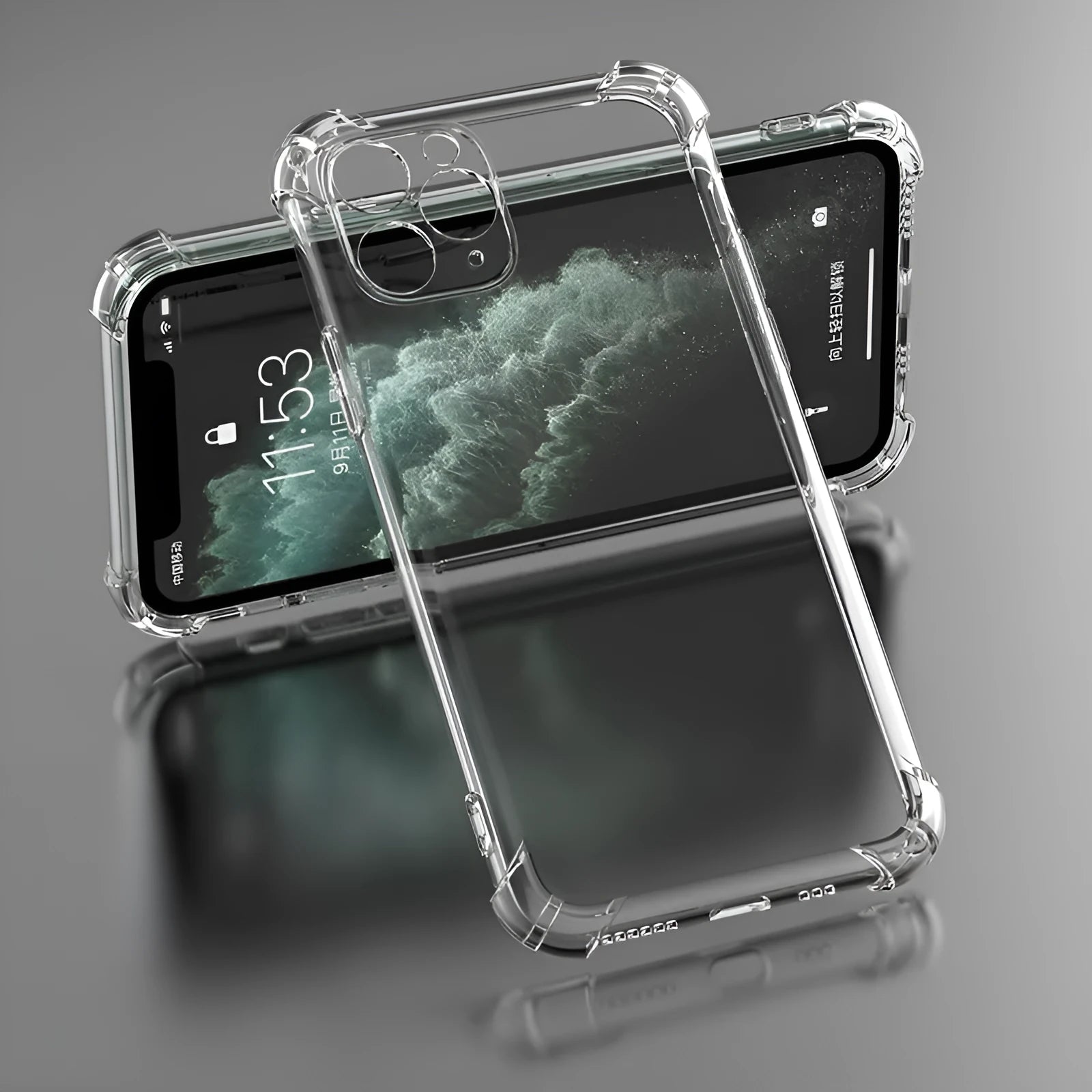 A clear, flexible TPU shockproof phone case designed for various Apple iPhone models.