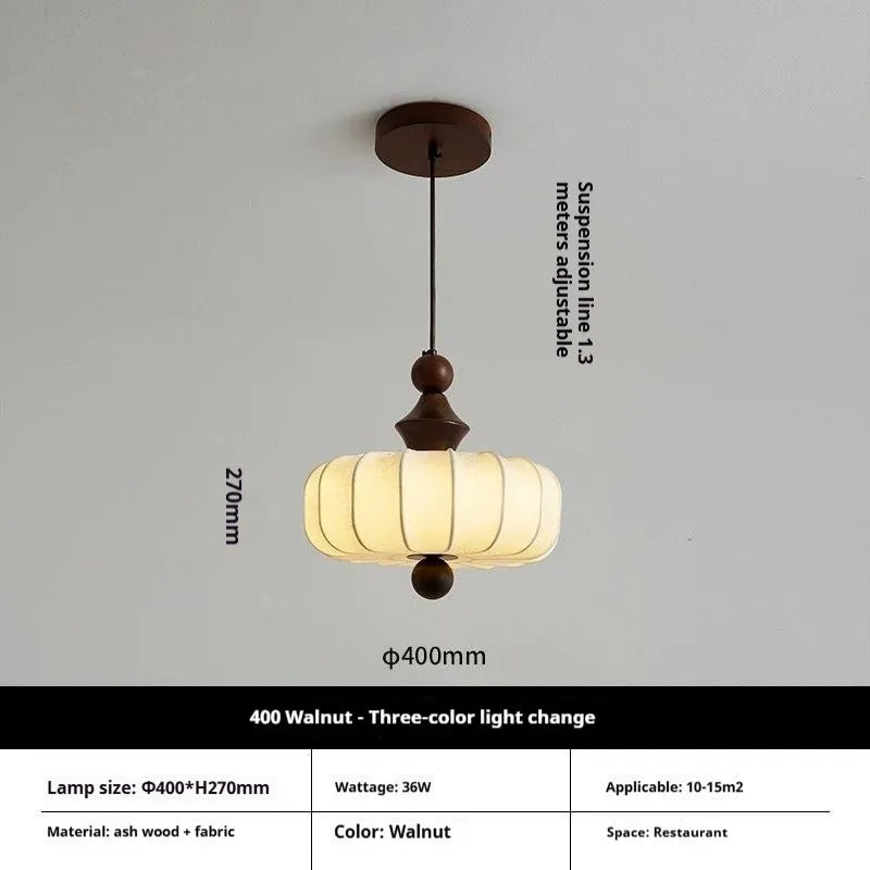 Mid-ancient French retro fabric ceiling lamp with ash wood frame in walnut colour on a ceiling