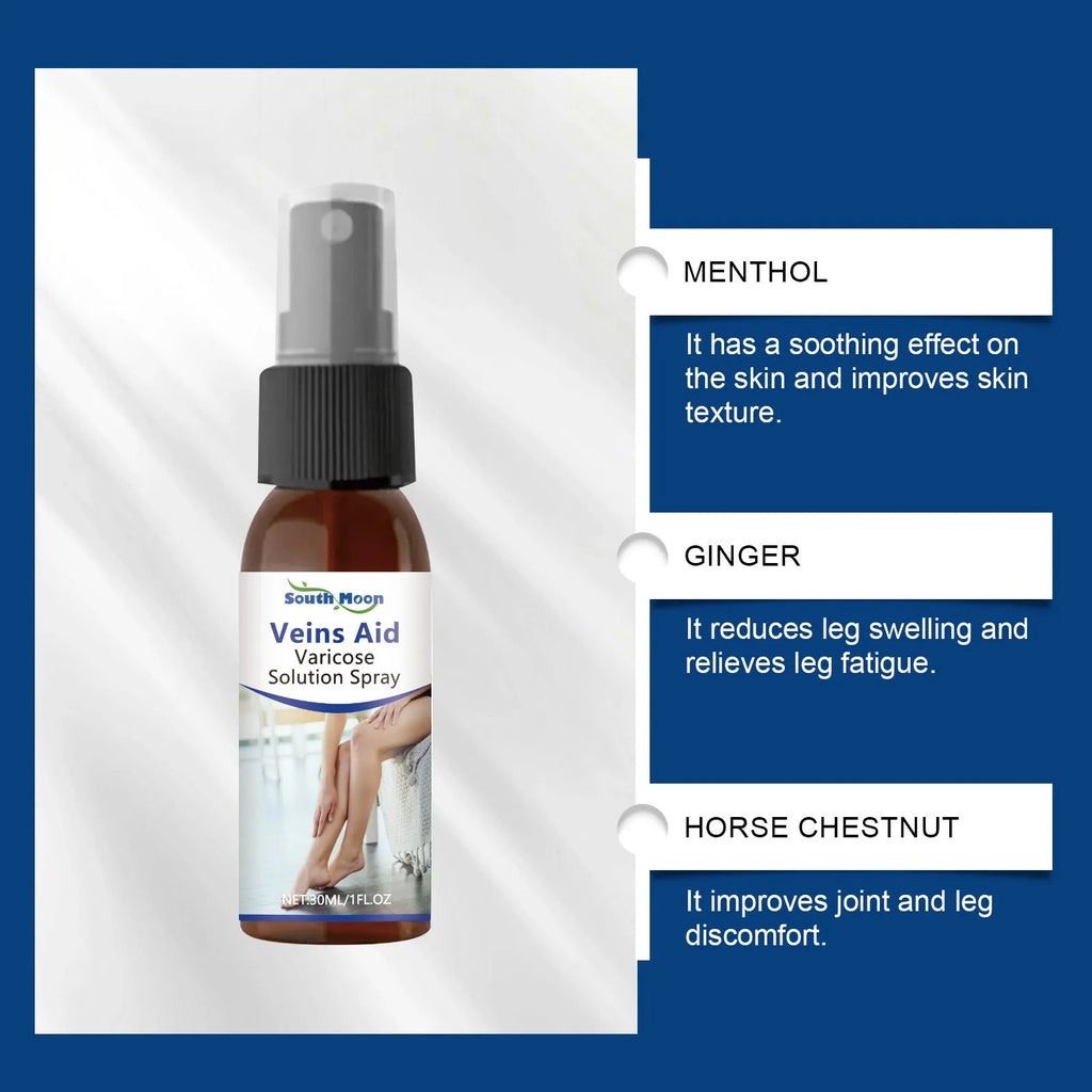 30ml bottle of leg care spray with spray nozzle, labelled with ingredients menthol, ginger, and horse chestnut.