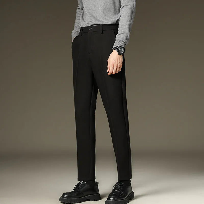 Men's black straight-leg fleece-lined trousers with mid waist and zipper fly, sizes 27-42