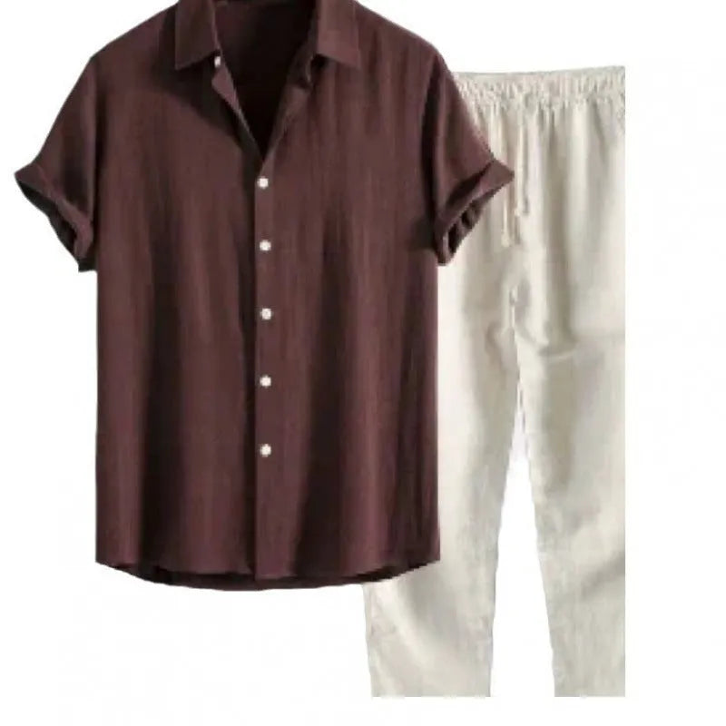 Men's loose fit short sleeve shirt and trousers suit in linen-look fabric.