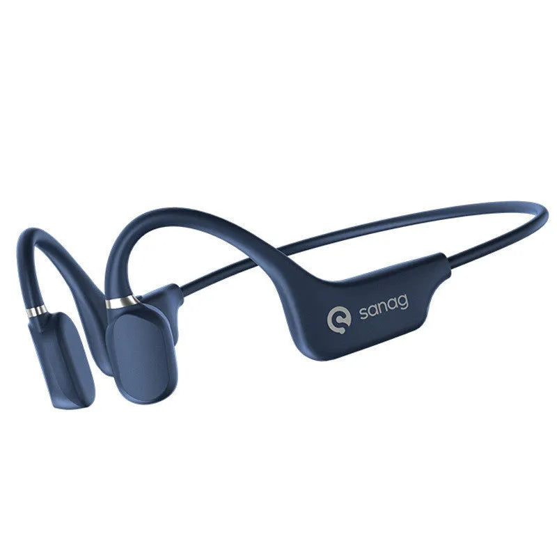 A person wearing bone conduction Bluetooth headphones with a wireless neckband sensor during a run.