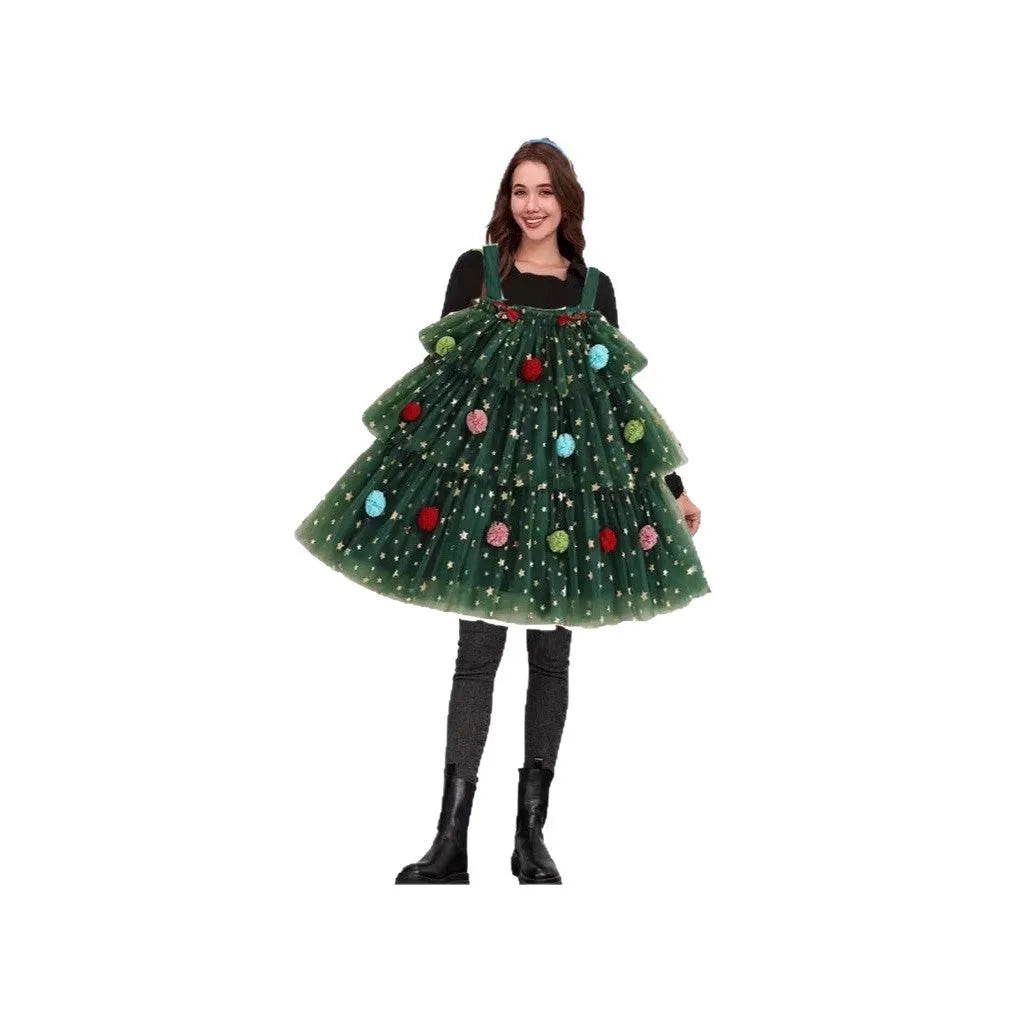 Green mesh polka dot suspender dress with colourful ball decorations and a multi-layer tiered skirt.