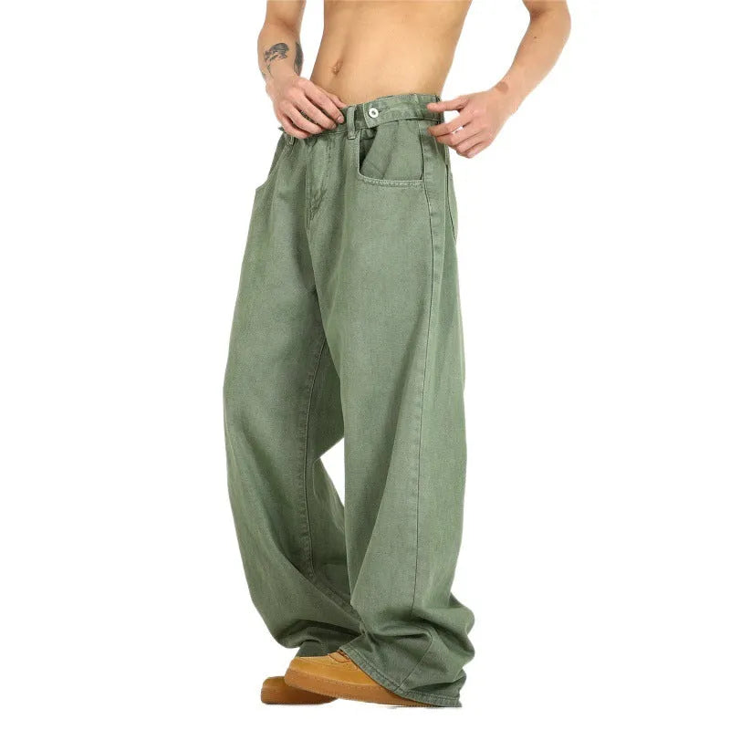Men's high street washed jeans K640 Green non-stretch high-waist trousers with zip fly