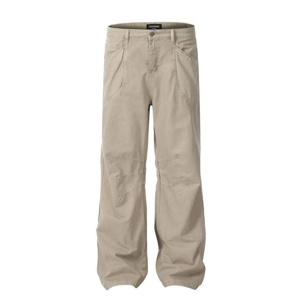 Men's brown loose straight leg cotton trousers with high waist and zipper fly