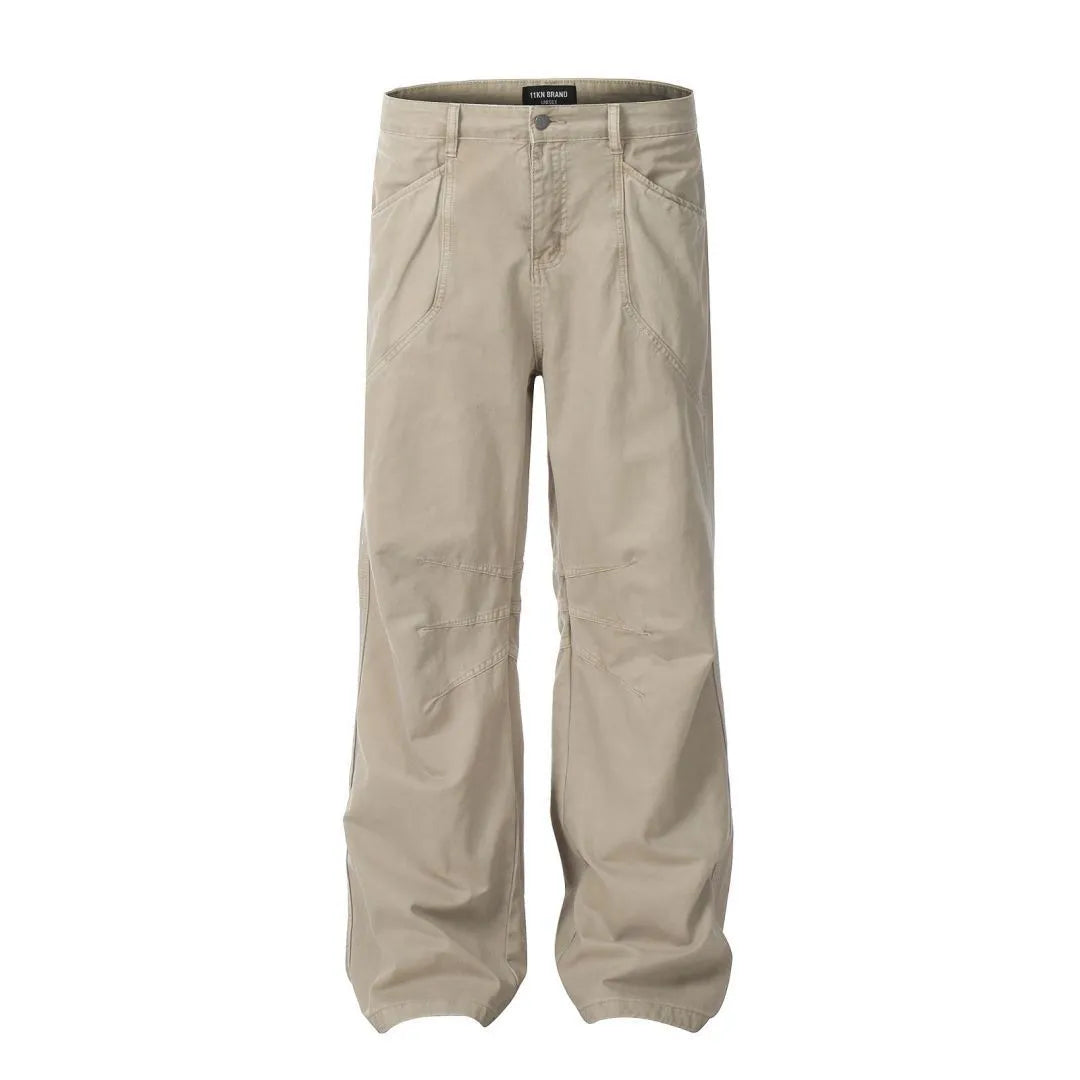 Men's brown loose straight leg cotton trousers with high waist and zipper fly